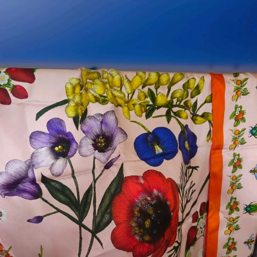 Texas wildflower Silk scarf, bluebonnet Bug Botanical Pink orange Souvenir Large